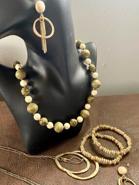 Carved Beaded Statement Necklace, Bracelets,Earring Set in Olive Green and Cream